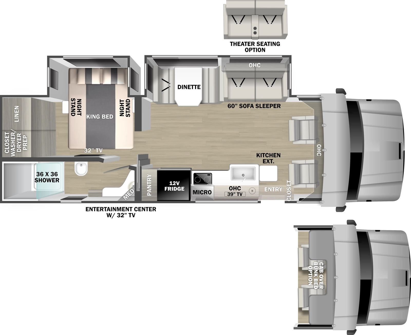 The Europa 31SS floorplan has one entry and two slide outs. Exterior features include: 16' awning and outside entertainment. Interiors features include: rear bedroom, bunk over cab and dinette.